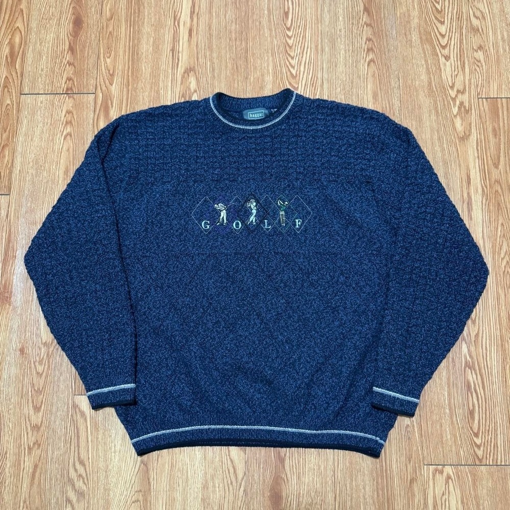 Vintage Haggar Men's Golf Sweater Fits Large Knit Grandpa Navy Embroidered